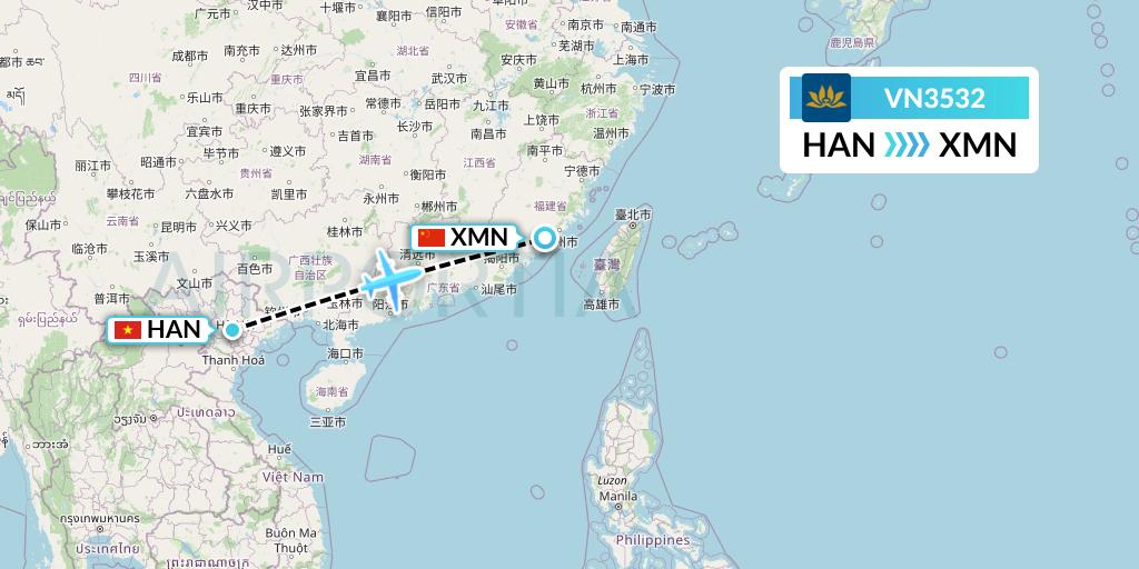 VN3532 Vietnam Airlines Flight Map: Hanoi to Xiamen