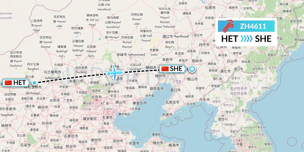 ZH4611 Shenzhen Airlines Flight Map: Hohhot to Shenyang
