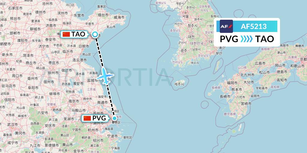 AF5213 Air France Flight Map: Shanghai to Qingdao