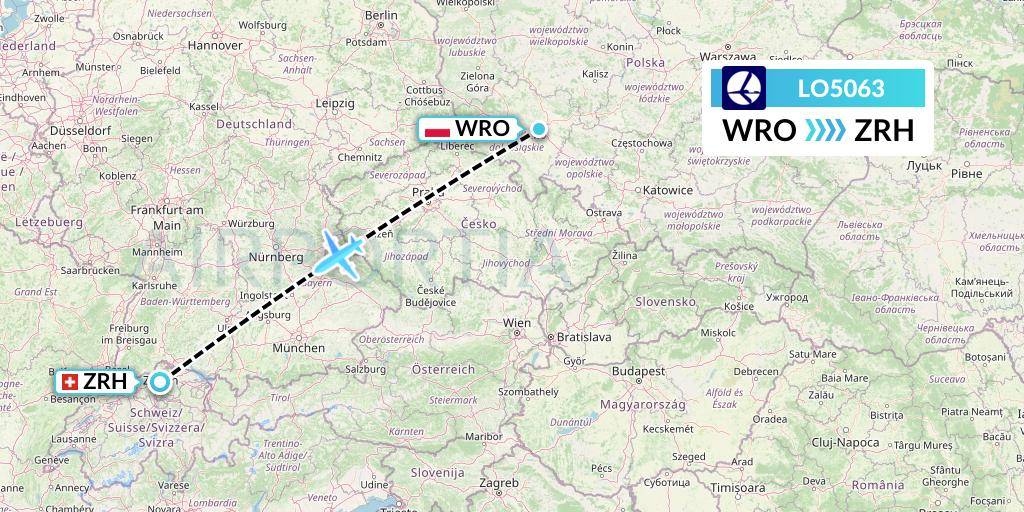 LO5063 LOT Flight Map: Wroclaw to Zurich