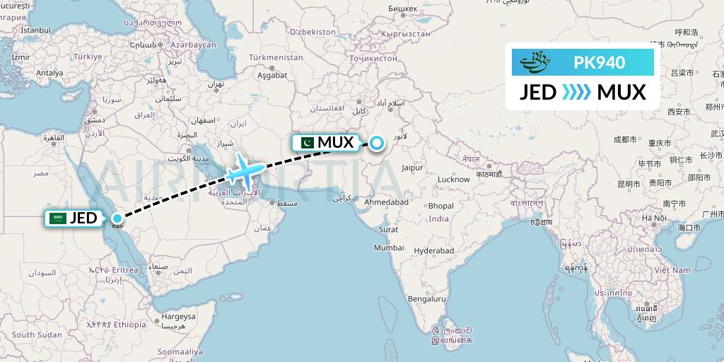 PK940 Pakistan International Airlines Flight Map: Jeddah to Multan