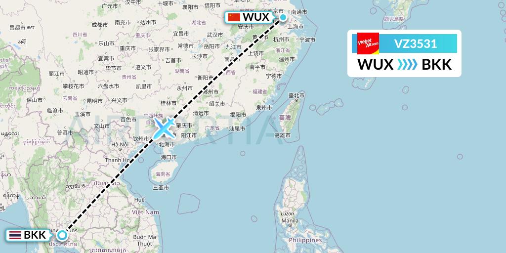 VZ3531 Thai Vietjet Air Flight Map: Wuxi to Bangkok