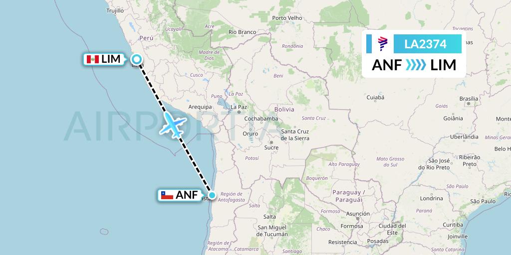 LA2374 LAN Airlines Flight Map: Antofagasta to Lima