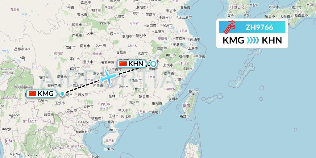 ZH9766 Shenzhen Airlines Flight Map: Kunming to Nanchang