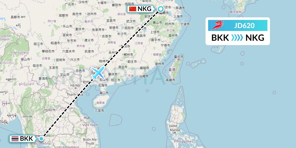 JD620 Capital Airlines Flight Map: Bangkok to Nanjing