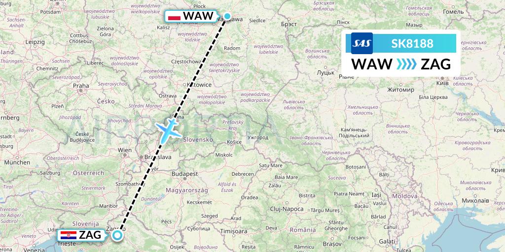 SK8188 SAS Flight Map: Warsaw to Zagreb