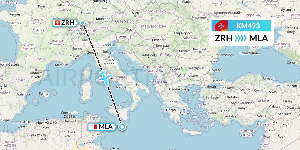 KM493 Air Malta Flight Map: Zurich to Malta