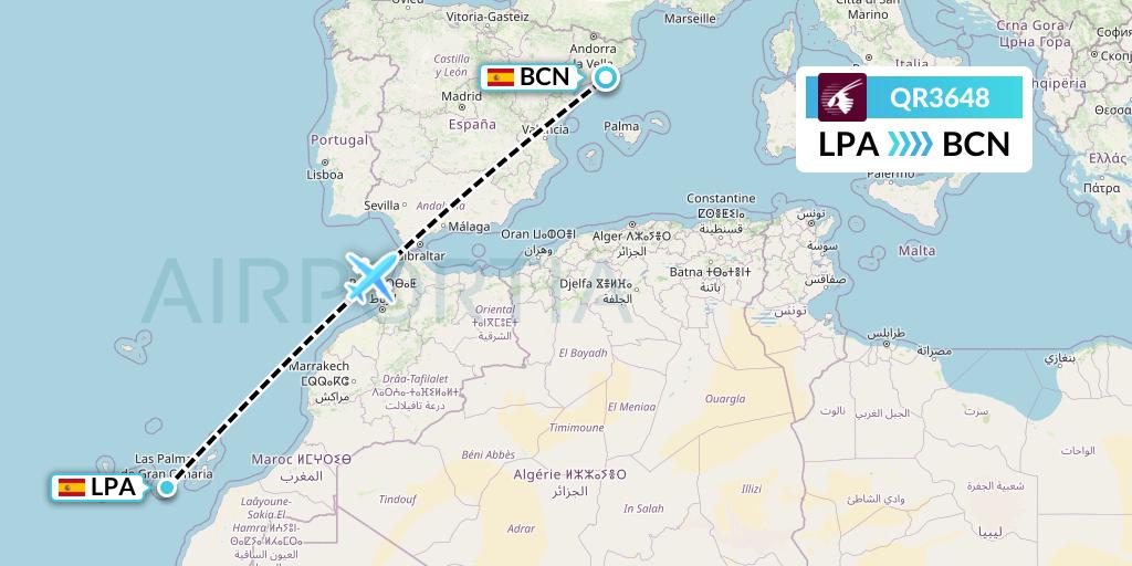 QR3648 Qatar Airways Flight Map: Las Palmas to Barcelona