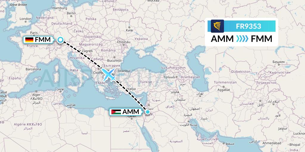 FR9353 Ryanair Flight Map: Amman to Memmingen
