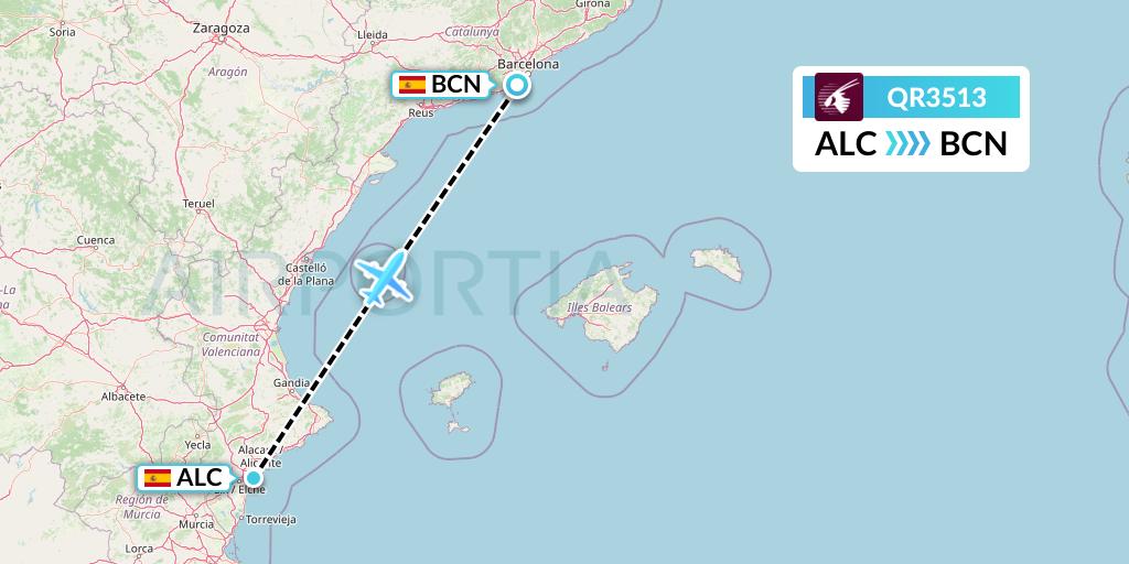 QR3513 Qatar Airways Flight Map: Alicante to Barcelona