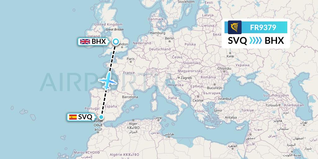 FR9379 Ryanair Flight Map: Seville to Birmingham