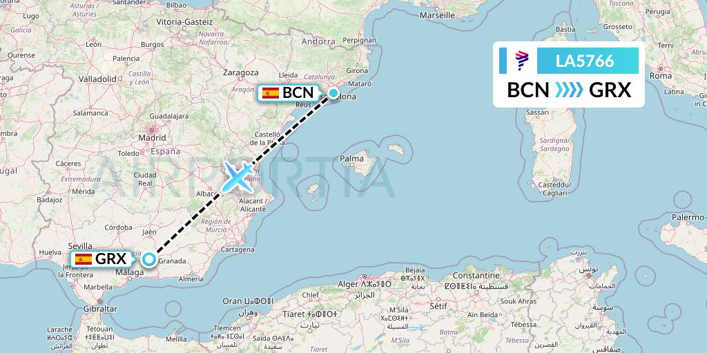 LA5766 LAN Airlines Flight Map: Barcelona to Granada
