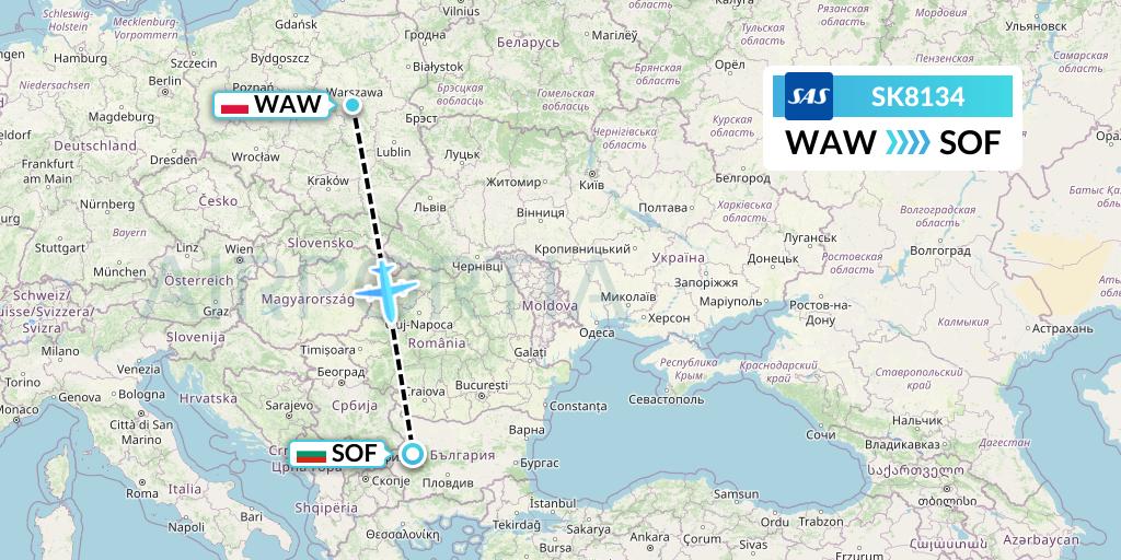 SK8134 SAS Flight Map: Warsaw to Sofia