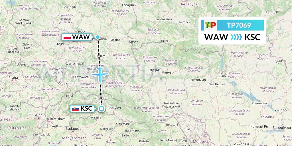 TP7069 TAP Portugal Flight Map: Warsaw to Kosice