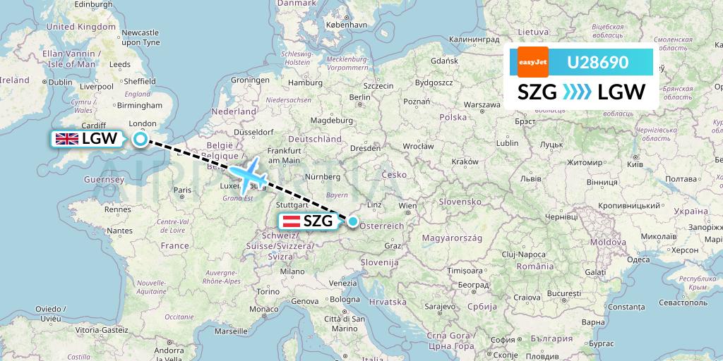 U28690 EasyJet Flight Map: Salzburg to London