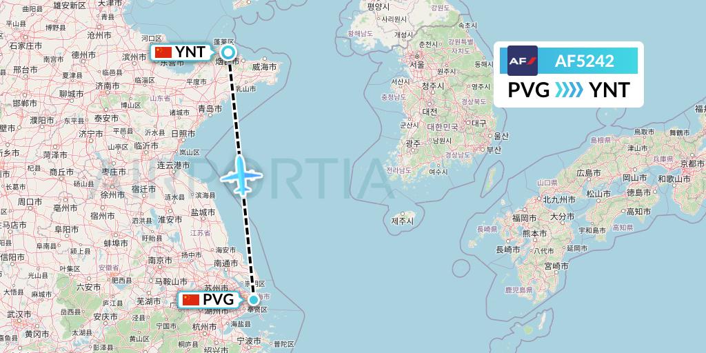 AF5242 Air France Flight Map: Shanghai to Yantai