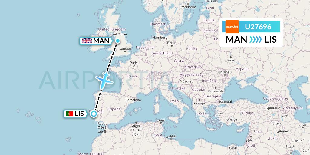U27696 EasyJet Flight Map: Manchester to Lisbon