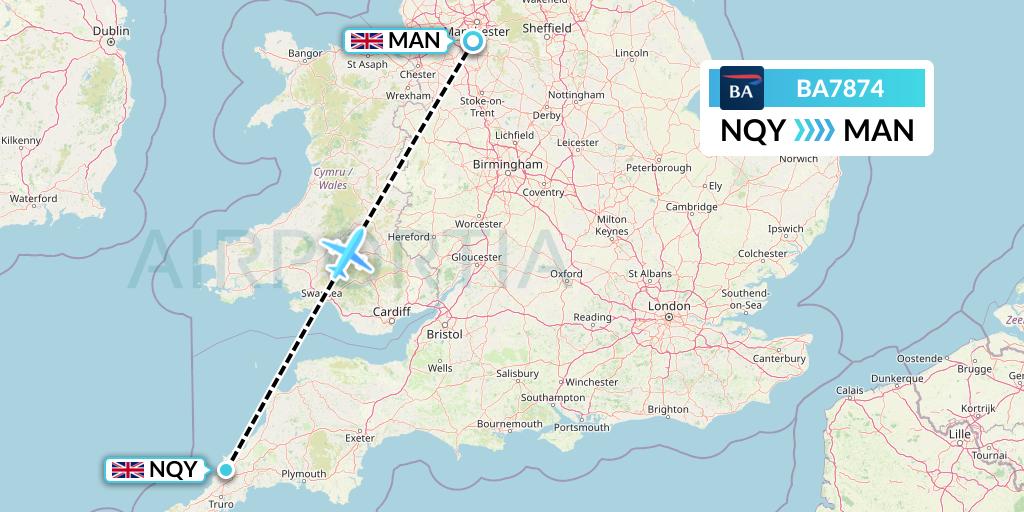 BA7874 British Airways Flight Map: Newquay to Manchester