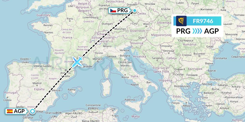 FR9746 Ryanair Flight Map: Prague to Malaga