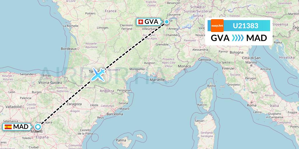 U21383 EasyJet Flight Map: Geneva to Madrid