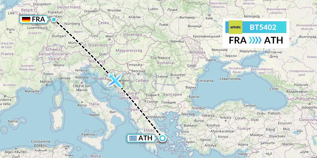 BT5402 Air Baltic Flight Map: Frankfurt to Athens