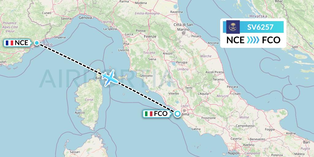 SV6257 Saudi Arabian Airlines Flight Map: Nice to Rome