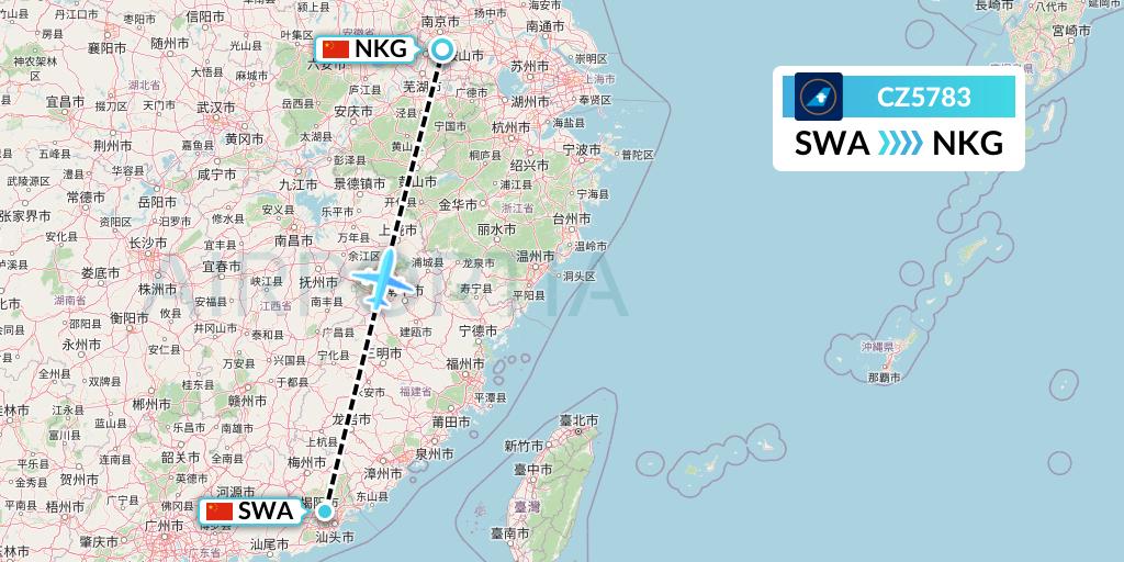 CZ5783 China Southern Airlines Flight Map: Jieyang to Nanjing