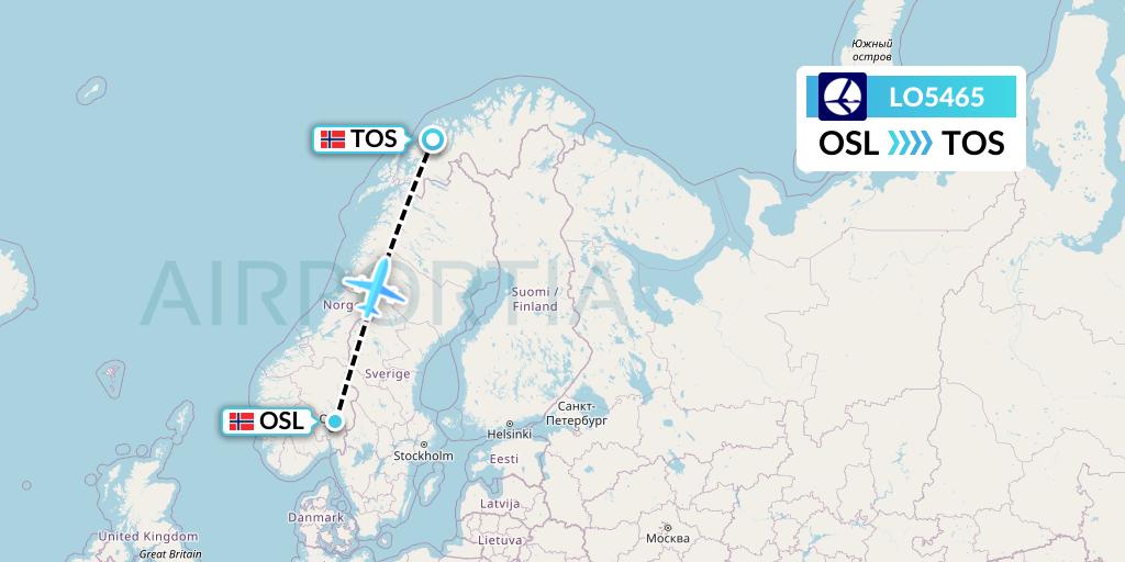 LO5465 LOT Flight Map: Oslo to Tromso
