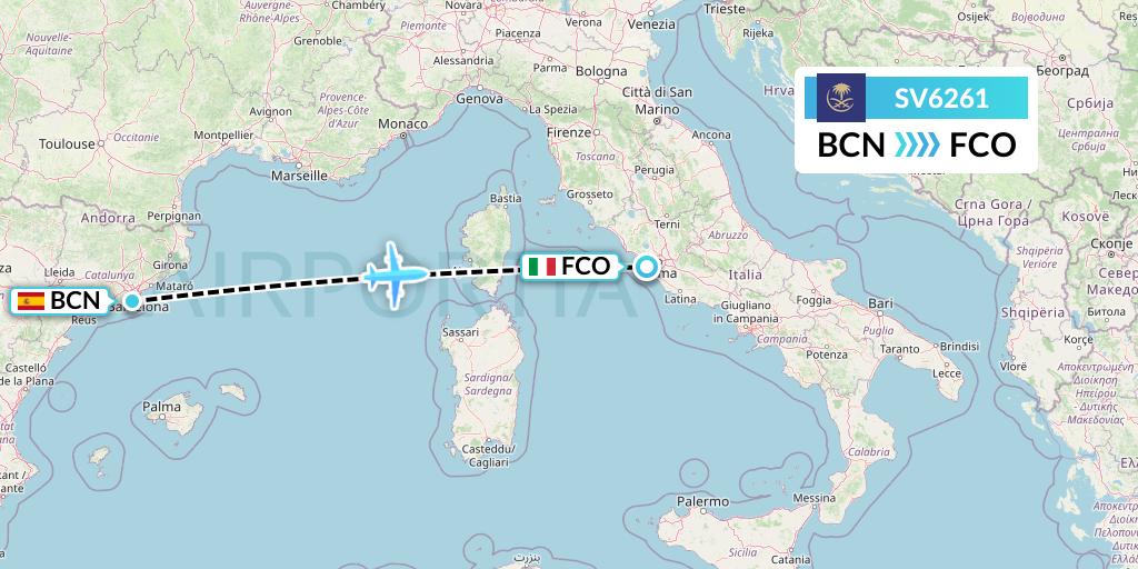 SV6261 Saudi Arabian Airlines Flight Map: Barcelona to Rome
