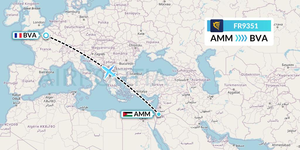 FR9351 Ryanair Flight Map: Amman to Paris