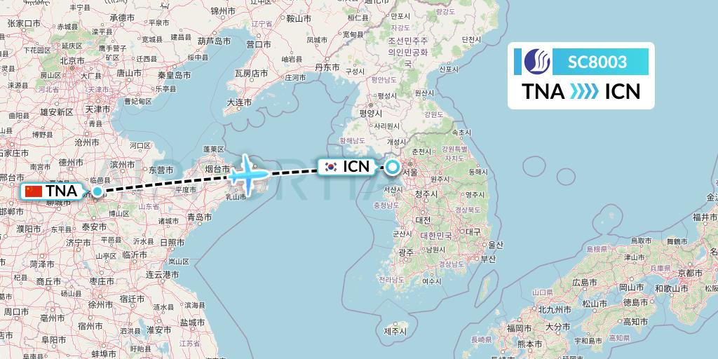 SC8003 Shandong Airlines Flight Map: Jinan to Seoul