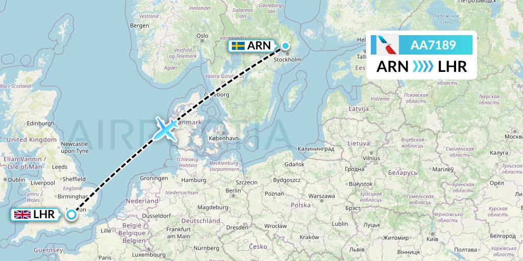 AA7189 American Airlines Flight Map: Stockholm to London