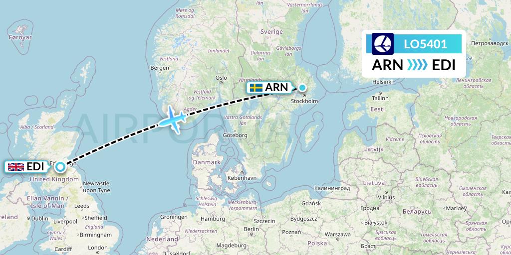 LO5401 LOT Flight Map: Stockholm to Edinburgh