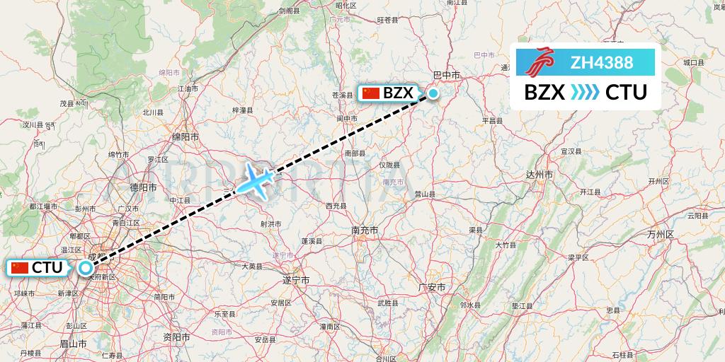 ZH4388 Shenzhen Airlines Flight Map: Guangyuan to Chengdu