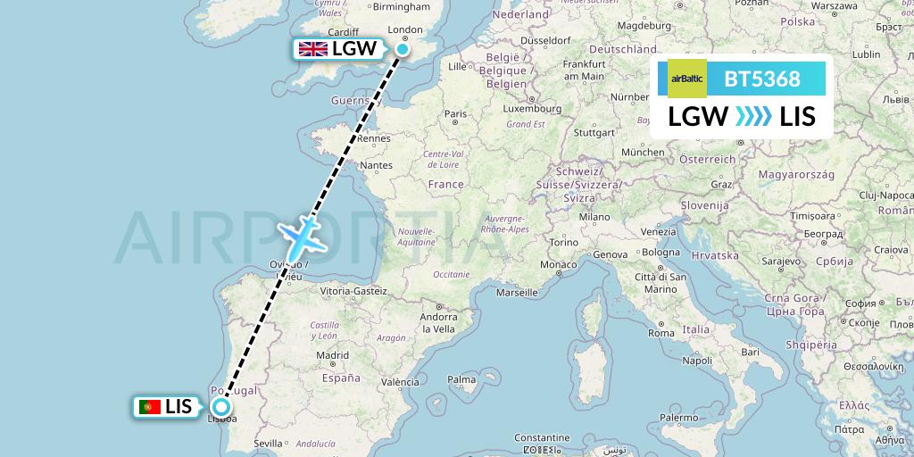 BT5368 Air Baltic Flight Map: London to Lisbon