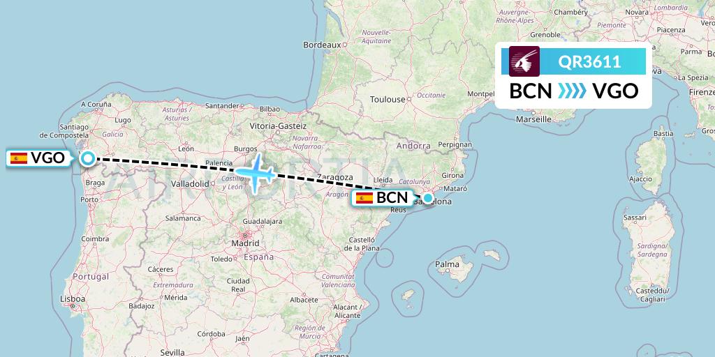 QR3611 Qatar Airways Flight Map: Barcelona to Vigo