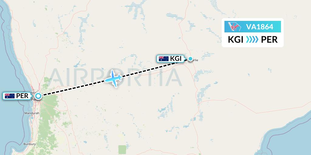 VA1864 Virgin Australia Flight Map: Kalgoorlie to Perth