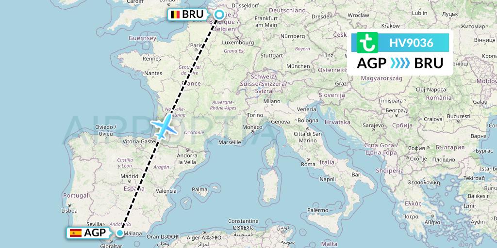 HV9036 Transavia Flight Map: Malaga to Brussels
