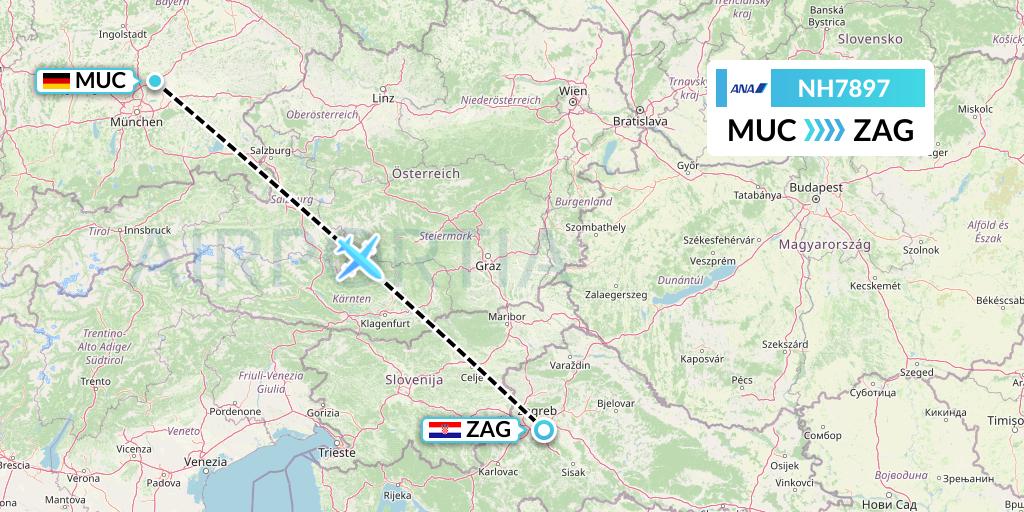 NH7897 All Nippon Airways Flight Map: Munich to Zagreb