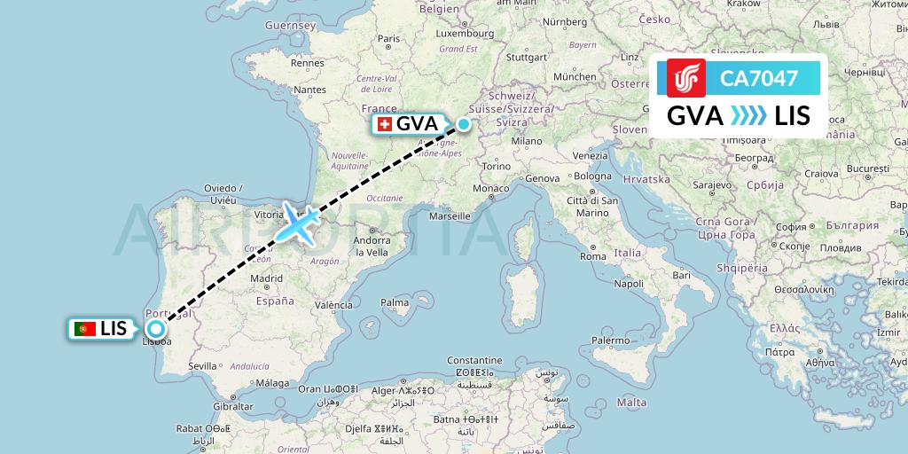 CA7047 Air China Flight Map: Geneva to Lisbon