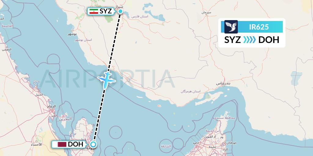 IR625 Iran Air Flight Map: Shiraz to Doha