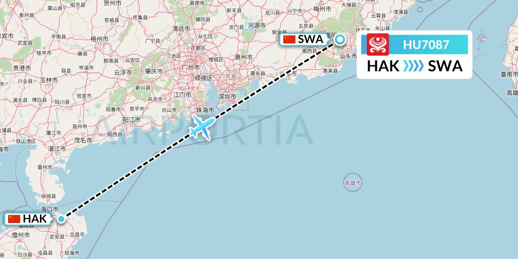 HU7087 Hainan Airlines Flight Map: Haikou to Jieyang