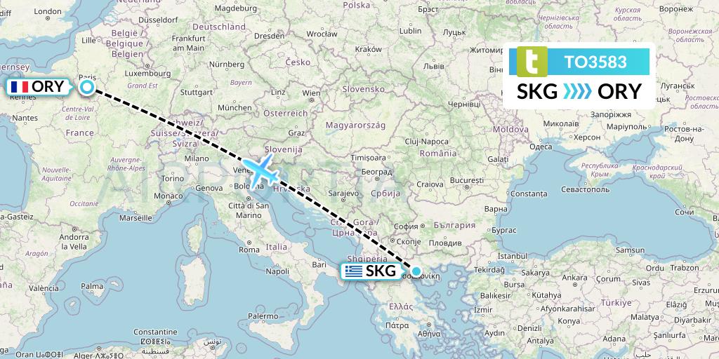 TO3583 Transavia France Flight Map: Thessaloniki to Paris