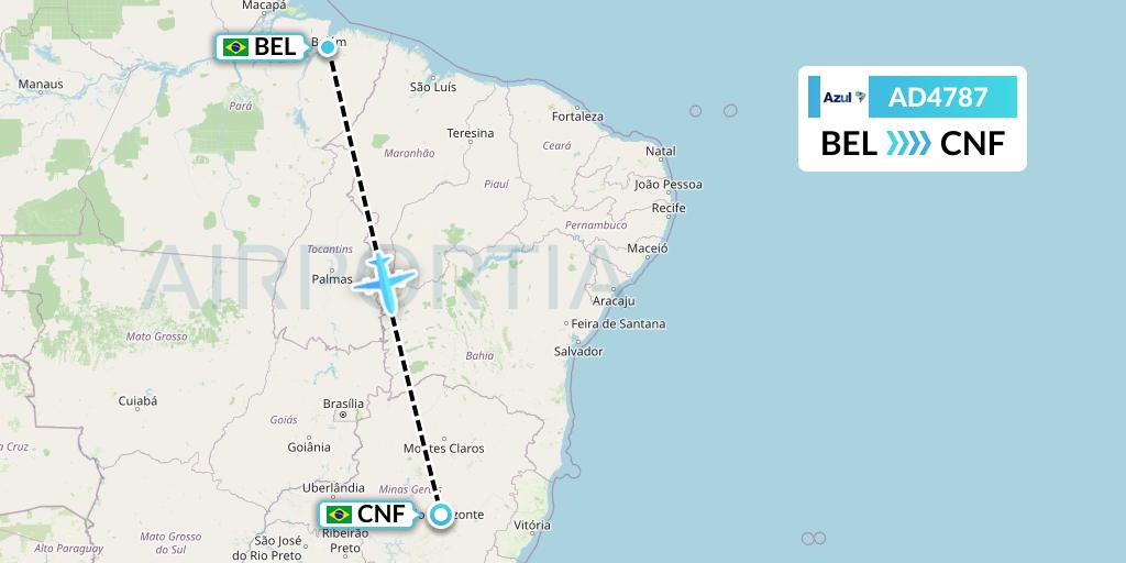 AD4787 Azul Brazilian Airlines Flight Map: Belem to Belo Horizonte