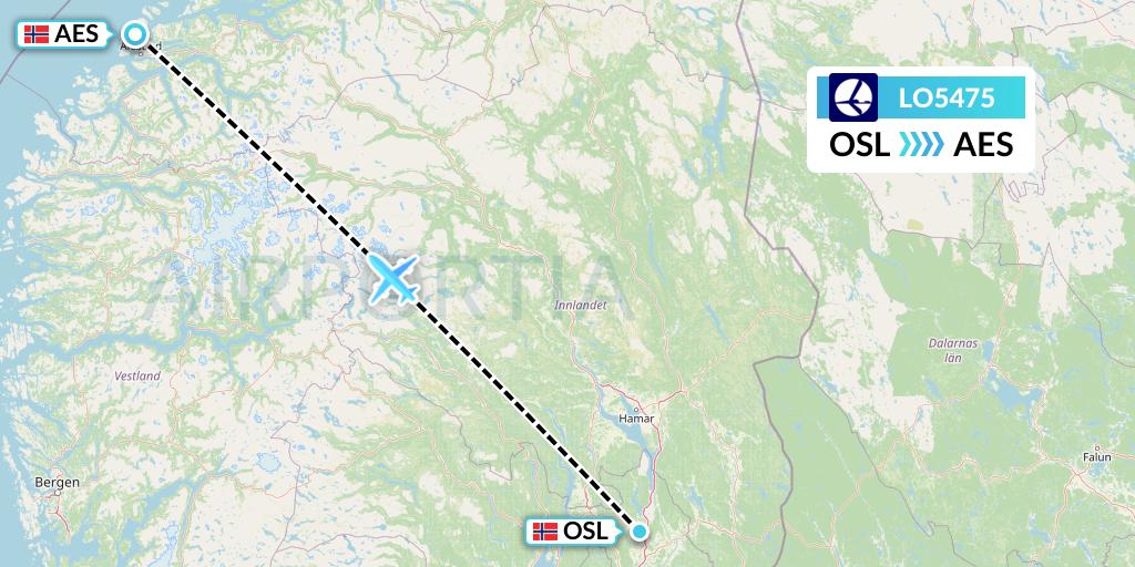 LO5475 LOT Flight Map: Oslo to Alesund