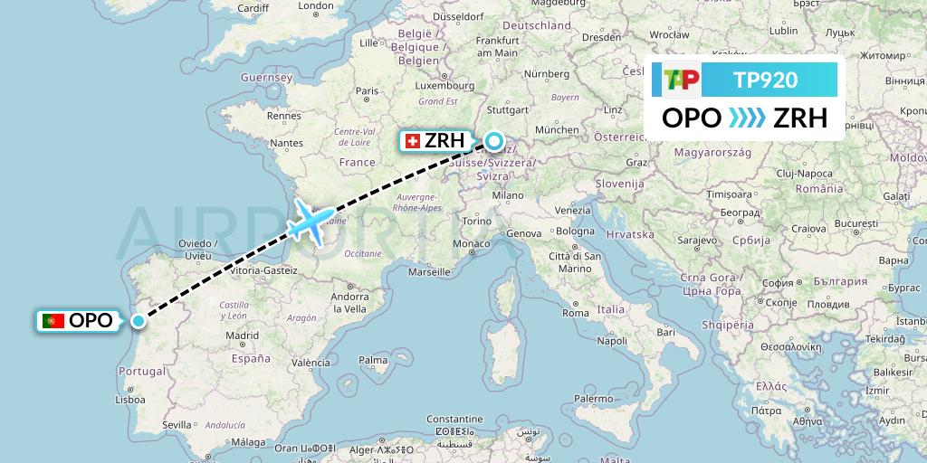TP920 TAP Portugal Flight Map: Porto to Zurich