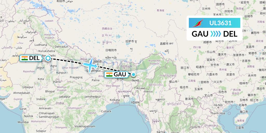 UL3631 SriLankan Airlines Flight Map: Guwahati to Delhi