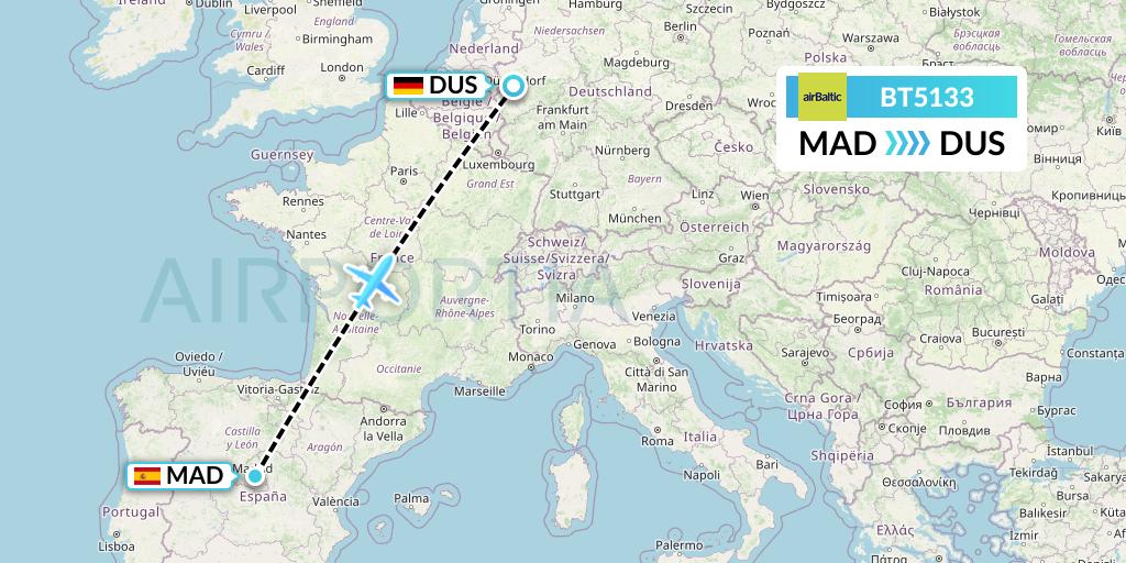BT5133 Air Baltic Flight Map: Madrid to Dusseldorf