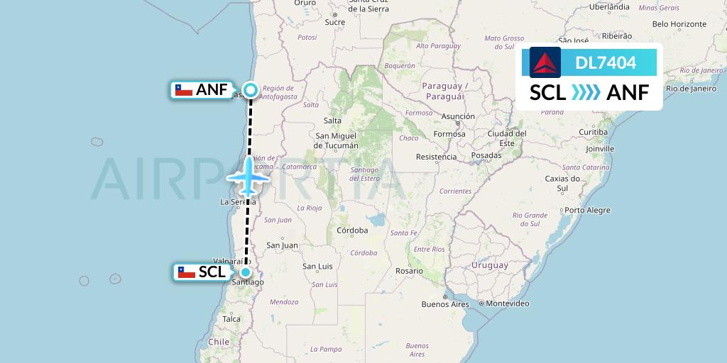 DL7404 Delta Air Lines Flight Map: Santiago to Antofagasta