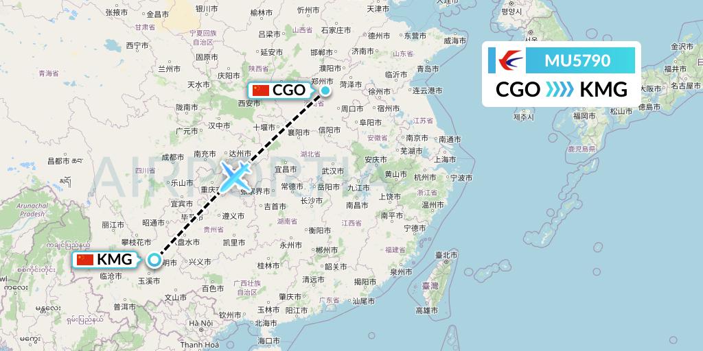 MU5790 China Eastern Airlines Flight Map: Zhengzhou to Kunming